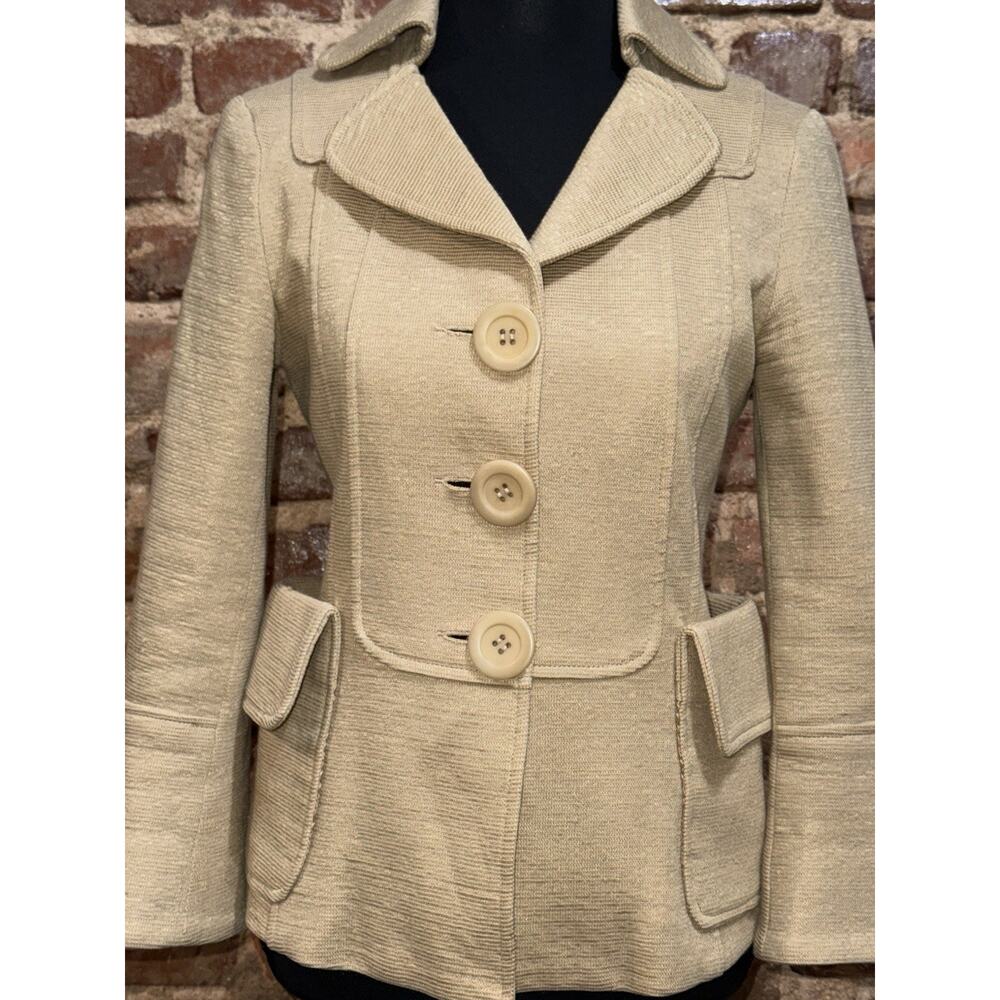 Nanette Lepore Small Beige Gold Cotton Sexy Structured Blazer 3 Button EUC
